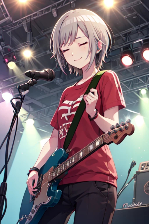 shiho_h, smile, shirt, holding, jewelry, closed mouth, closed eyes, short sleeves, pants, bracelet, t-shirt, red shirt, instrument, microphone, music, guitar, playing instrument, electric guitar, microphone stand, stage, stage lights