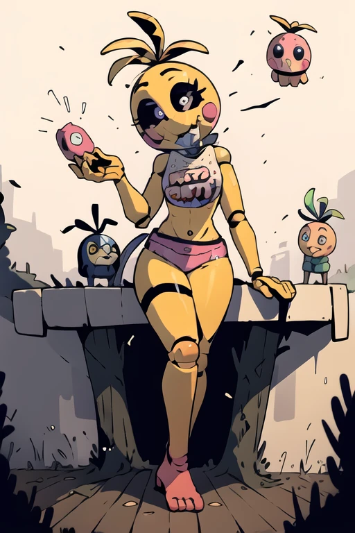 Chica the chicken from Fnaf, Animatronic, robot, naked, scary, feet, soles, collosal breast, dirty soles, ultra stinky feet, stink cloud, dirty orange feet claw, detailed pussy. Horrific violet background. Masterpiece, UHD