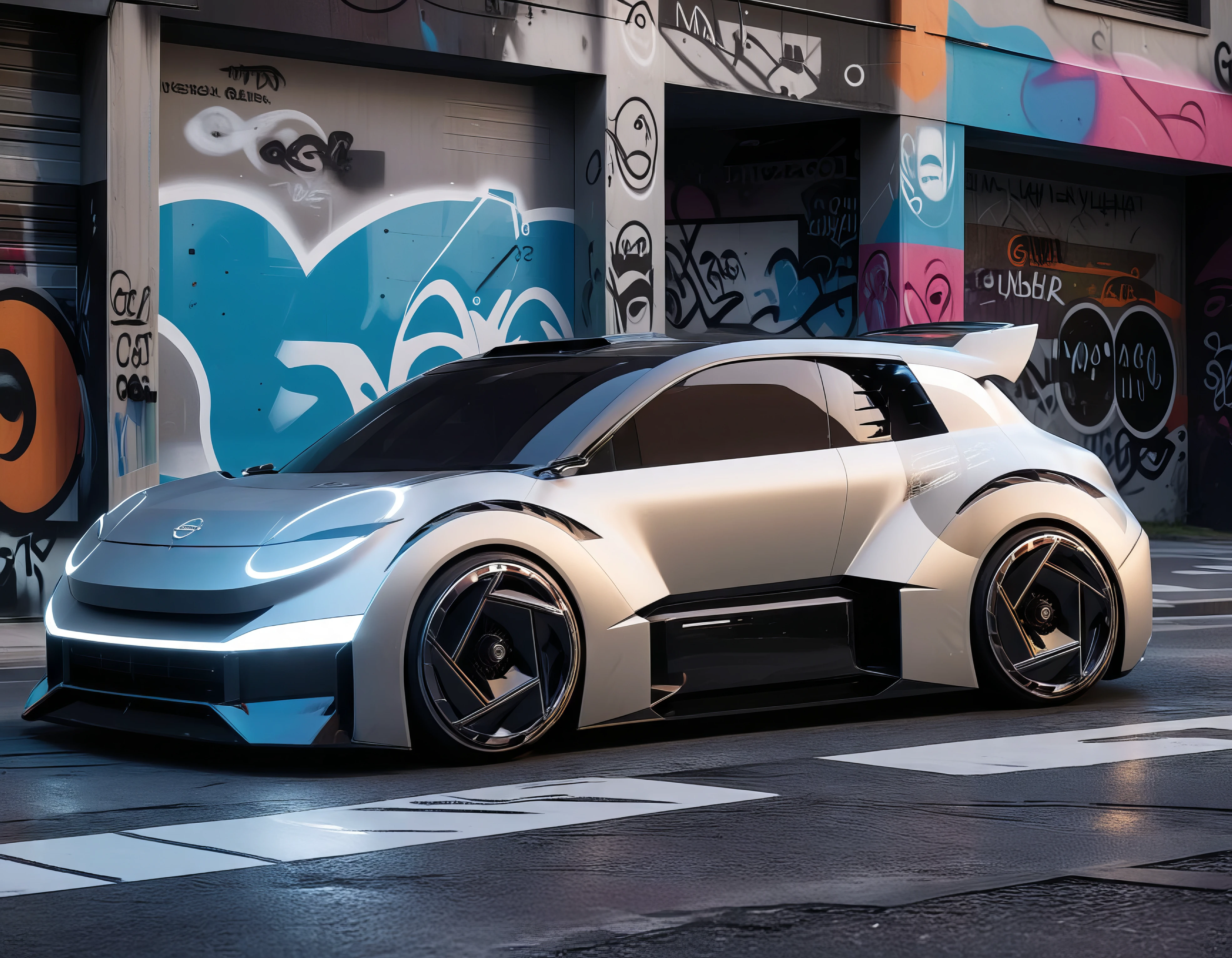 NISSAN 2023, A sleek silver concept car with a futuristic design, ultra-modern headlights , 
orange classic car, (graffiti background, urban street art:1.1), vibrant colors, cobblestone street, vintage vehicle, side profile, sharp lines, retro style