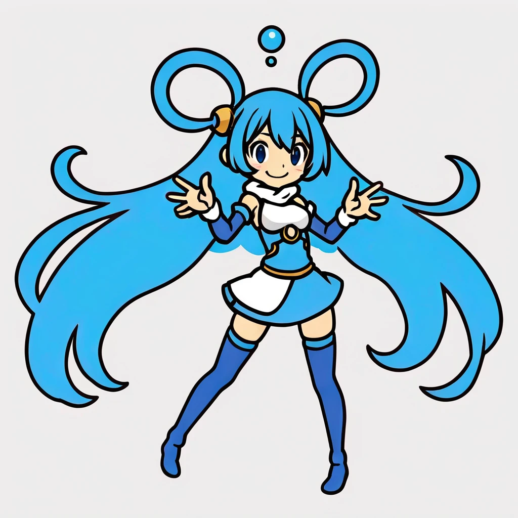 aqua \(konosuba\), masterpiece, best quality, 1girl, blue eyes, blue footwear, blue hair, blue thighhighs, blush, boots, breasts, bubble, detached sleeves, hair ornament, hair rings, long hair, open hand, single hair ring, skirt, smile, solo, thigh boots, thighhighs, very long hair, white thighhighs, <lora:Rhythm_Heaven_SDXL:0.7>
