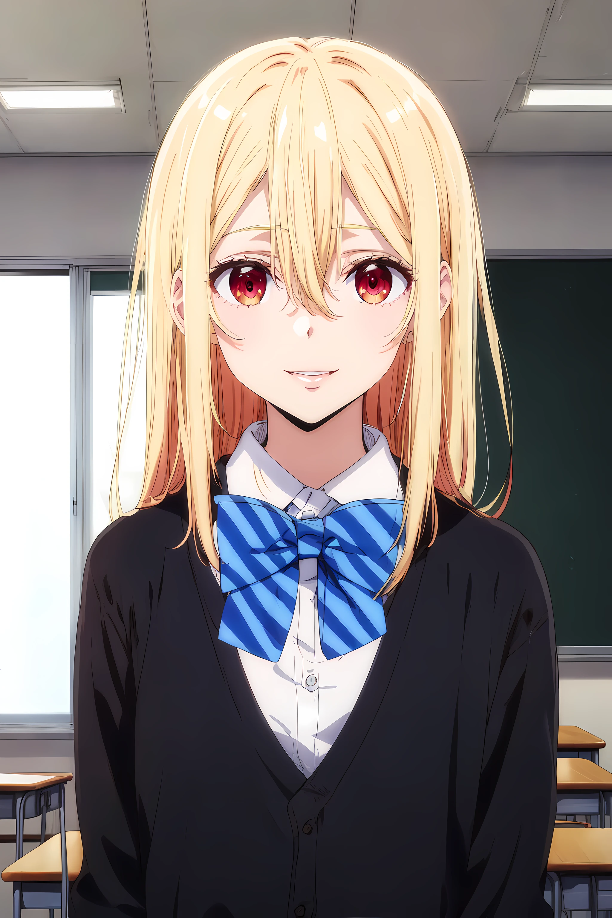 (masterpiece, best quality:1.2), highres, anime screencap, anime coloring, perfect lighting, 1girl, solo, smile, parted lips,
LiAma_V1, blonde hair, long hair, hair between eyes, red eyes, shiny hair,
BREAK school uniform, black cardigan, white shirt, collared shirt, blue bowtie, striped bowtie,
standing,
indoors, classroom, looking at viewer, upper body,
<lora:add_detail_CyberAlchemist:0.4>, <lora:GoodHands-beta2:0.8>, <lora:LiAmaV1:0.85>