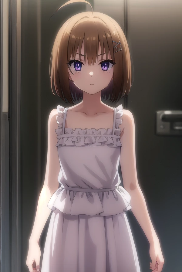 (masterpiece, best quality, 8k:1.2),(anime:1.1), misaka_mikoto, brown hair, short hair, hairpin, small medium breasts, 1girl, (diamond dress, revealing, earrings), cowboy shot, looking at viewer,