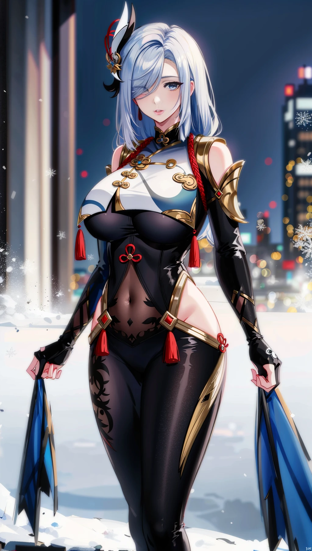 (4k,masterpiece, high resolution, best quality:2, breathtaking, ultra detailed:1.4),A cool female in the city at night,shenhe,Shenhe,1girl,shenhe (genshin impact),solo,hair over one eye,breasts,blue eyes,long hair,hip vent,holding,large breasts,covered navel,bodysuit,parted lips,hair ornament,looking at viewer,gloves,grey hair,breast curtain,rim light,scenery,huge filesize,Cinematic Lighting,absurdres,<lora:[LoRA] mhy_genshin_Shenhe_v1.0:0.7>,snow,ice, (masterpiece, high resolution, best quality:1.4, breathtaking, ultra detailed)