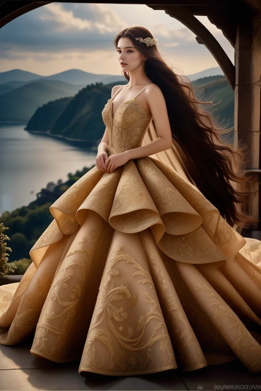 1 woman, 22yo, (realistic, masterpiece, high detailed skin:1.2) (looking at viewer, full body shot, scenic view, long hair:1.2)
<lora:Golden_Wedding_Gown_By_Stable_yogi:1> golden wedding gown