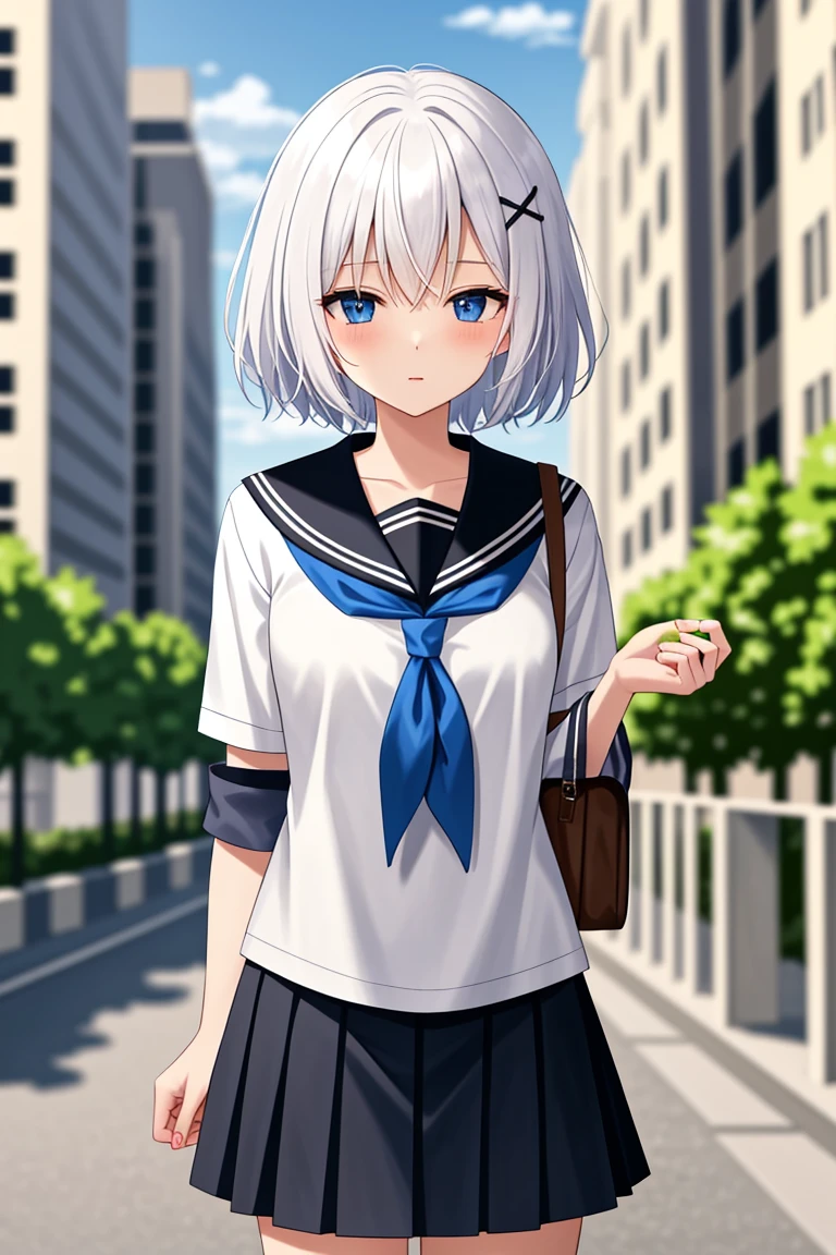 1girl, short hair, (white hair:1.2), x hair ornament, blue eyes, 
outdoors, detailed background, city, 
neckerchief, 
serafuku, 
 <lora:SiestaV1.0-000001:1> siesta diad,, <lora:LCM_LoRA_Weights_SD15:1>