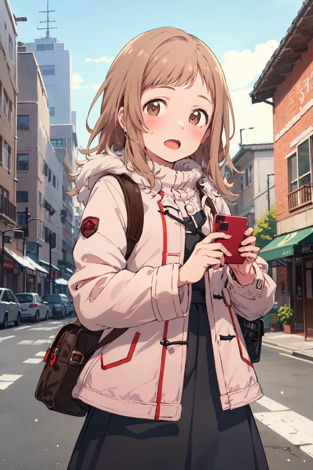 m_sakuragi, 1girl, medium hair, right brown hair, brown eyes, braid, virtual youtuber, looking at viewer, outdoor, winter, open mouth, frilled skirt, bangs, down jacket, fur, blush, cowboy shot, bag, holding bag <lora:m_sakuragi:1>
