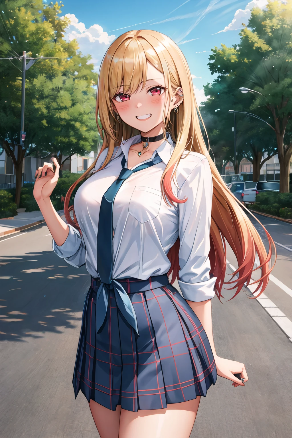 masterpiece, best quality, highres, kitagawa marin, 1girl, blonde hair, long hair, multicolored hair, red eyes, jewelry, earrings, piercing, school uniform, white shirt, tied shirt, black choker, blue necktie, plaid skirt, <lora:kitagawa_marin_v1-1:0.7>, grin, smile, standing, cowboy shot, outdoors, <lora:Kanno-Style-Final:1>