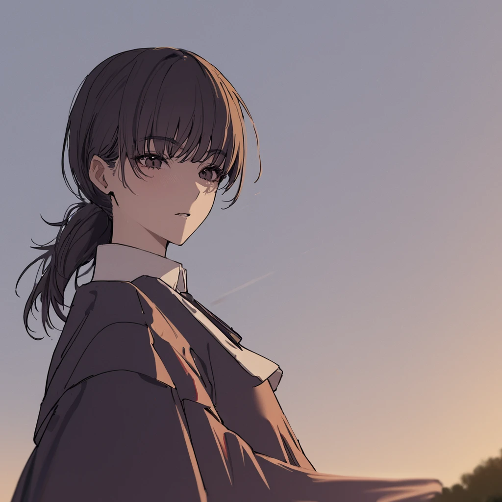 1girl, mitaka asa, wearing jk uniform, long dress, standing on hill, wind blowing, portrait, masterpiece, latest, vibrant color <lora:mitaka_xl_a3-000040:1>