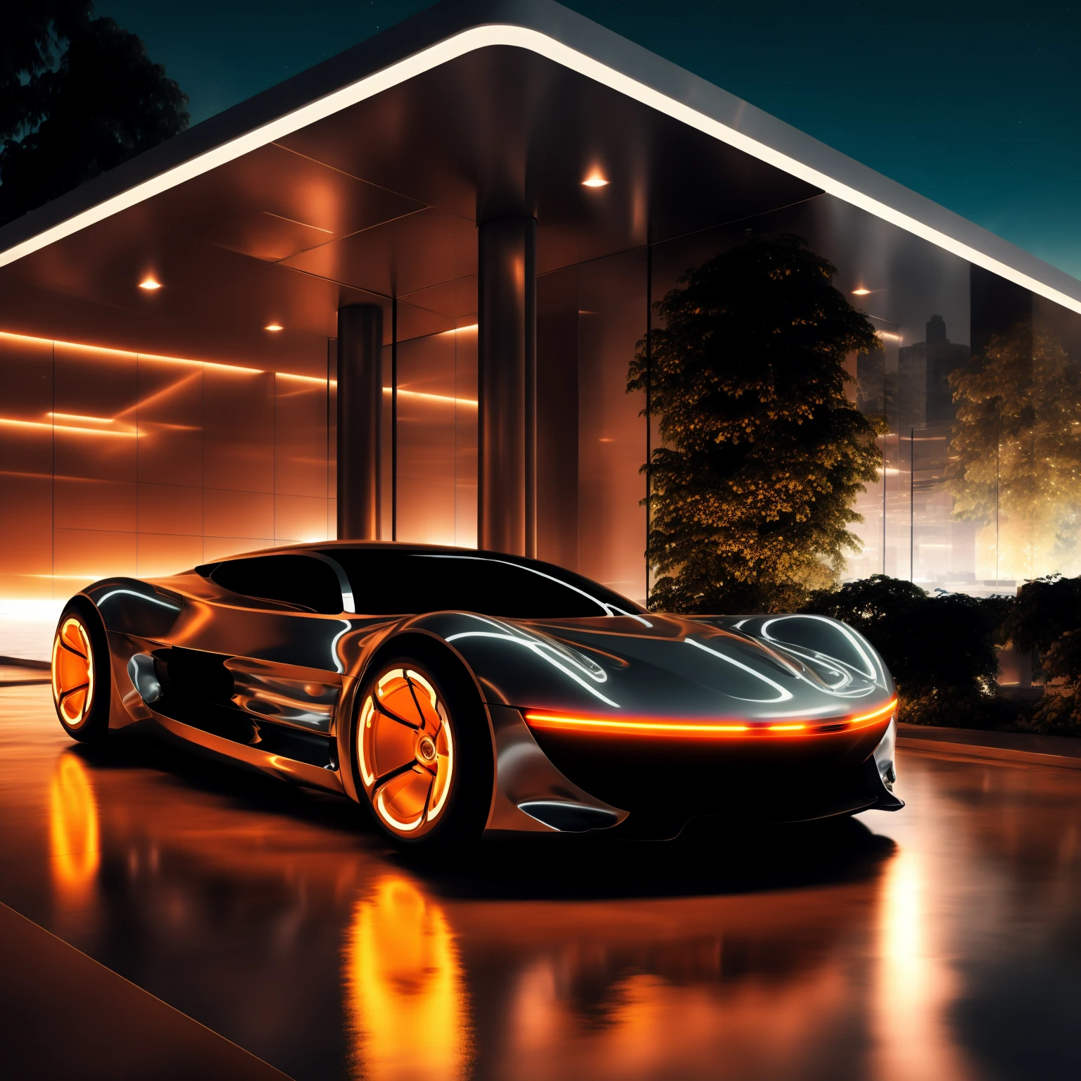 Futuristic concept car at night, metal flared skeleton walls, sustainable design, orange and dark gray gradient, organically shaped body, electric, clear edges<lora:HTTP_20231128195717-000006:1>