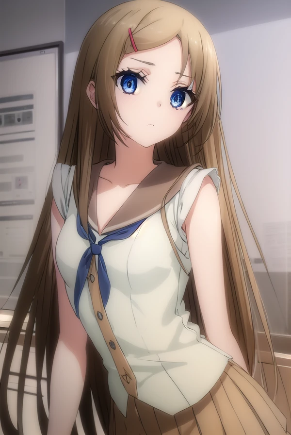 kanamimihara, <lora:kanami mihara s2-lora-nochekaiser:1>,
kanami mihara, long hair, brown hair, hair ornament, very long hair, blue eyes, hairclip,
BREAK dress, sleeveless, sailor collar, brown sailor collar, skirt, brown skirt, pleated skirt,
BREAK indoors, classroom,
BREAK looking at viewer, (cowboy shot:1.5),
BREAK <lyco:GoodHands-beta2:1>, (masterpiece:1.2), best quality, high resolution, unity 8k wallpaper, (illustration:0.8), (beautiful detailed eyes:1.6), extremely detailed face, perfect lighting, extremely detailed CG, (perfect hands, perfect anatomy),