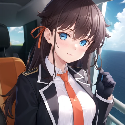((masterpiece)),(best quality),official art,extremely detailed CG,unity 8k wallpaper,ultra detailed,A lighthouse on a cliff by the sea,1girl,solo,upper body,(portrait:1.2),looking at viewer,Kashiwazaki Kana(Nebel Geisterjäger),smile,long hair,brown hair,hair ribbon,hair flaps,bangs,medium breasts,black gloves,blue eyes,jacket,long sleeves,white shirt,collared shirt,orange necktie,open clothes,dress,thighhighs,high heel boots,<lora:Kashiwazaki Kana(Nebel Geisterjäger)>,