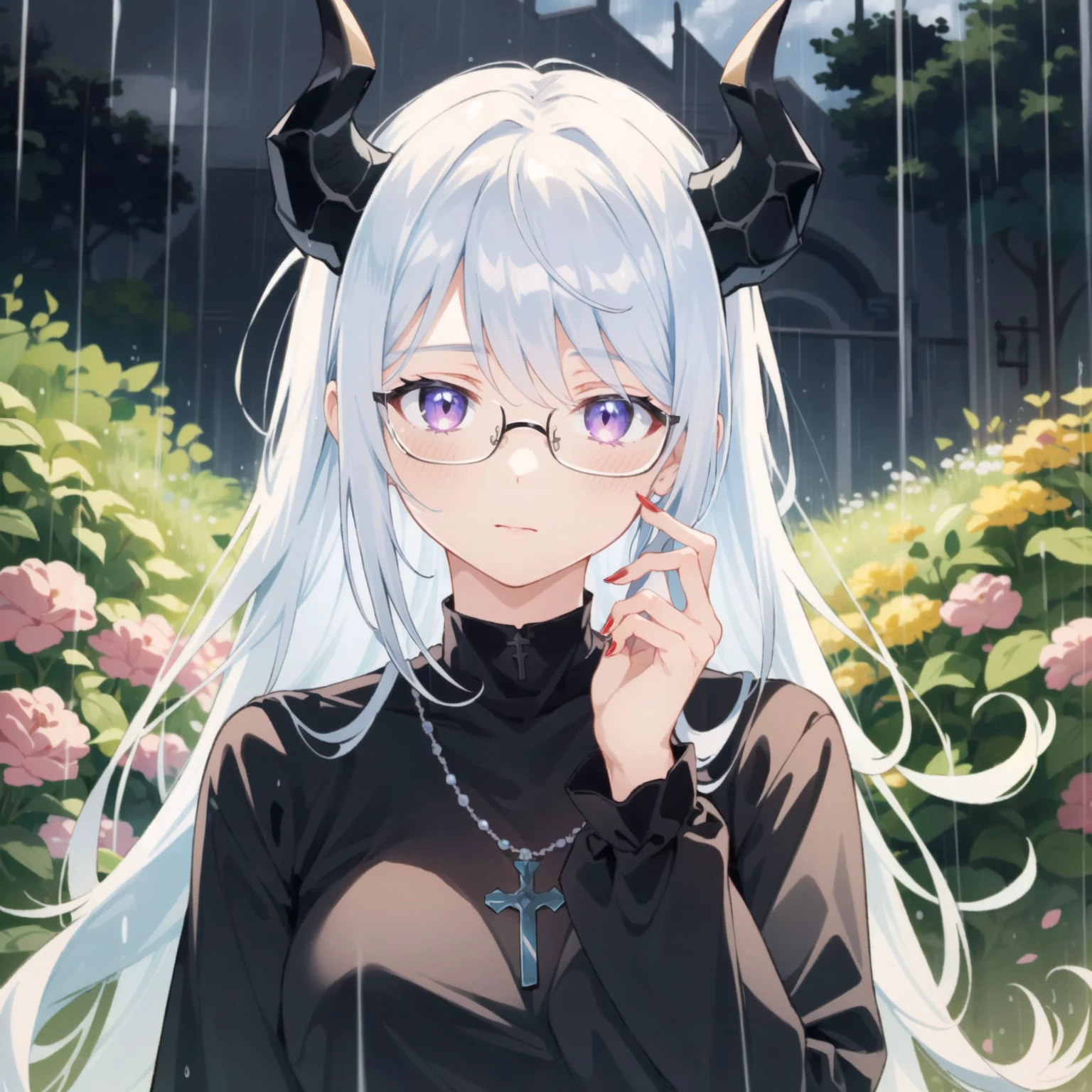 glasses 1girl, white long hair, purple eyes, black monastery dress, rosary, red nails, devils horn,