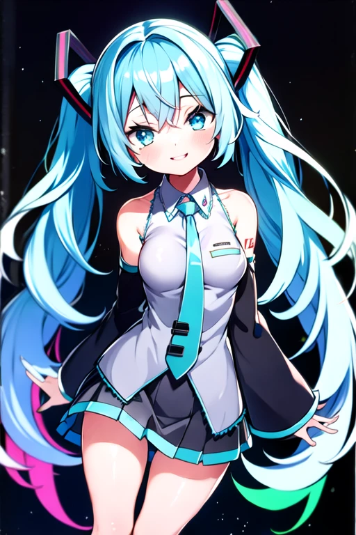 best quality, masterpiece, ultra high res, 1girl, hatsune miku, very long hair, twintails, aqua hair, aqua eyes, medium breasts, green necktie, grey shirt, black sleeves, detached sleeves, black mini skirt, smile <lora:kamioka_chirol:1>