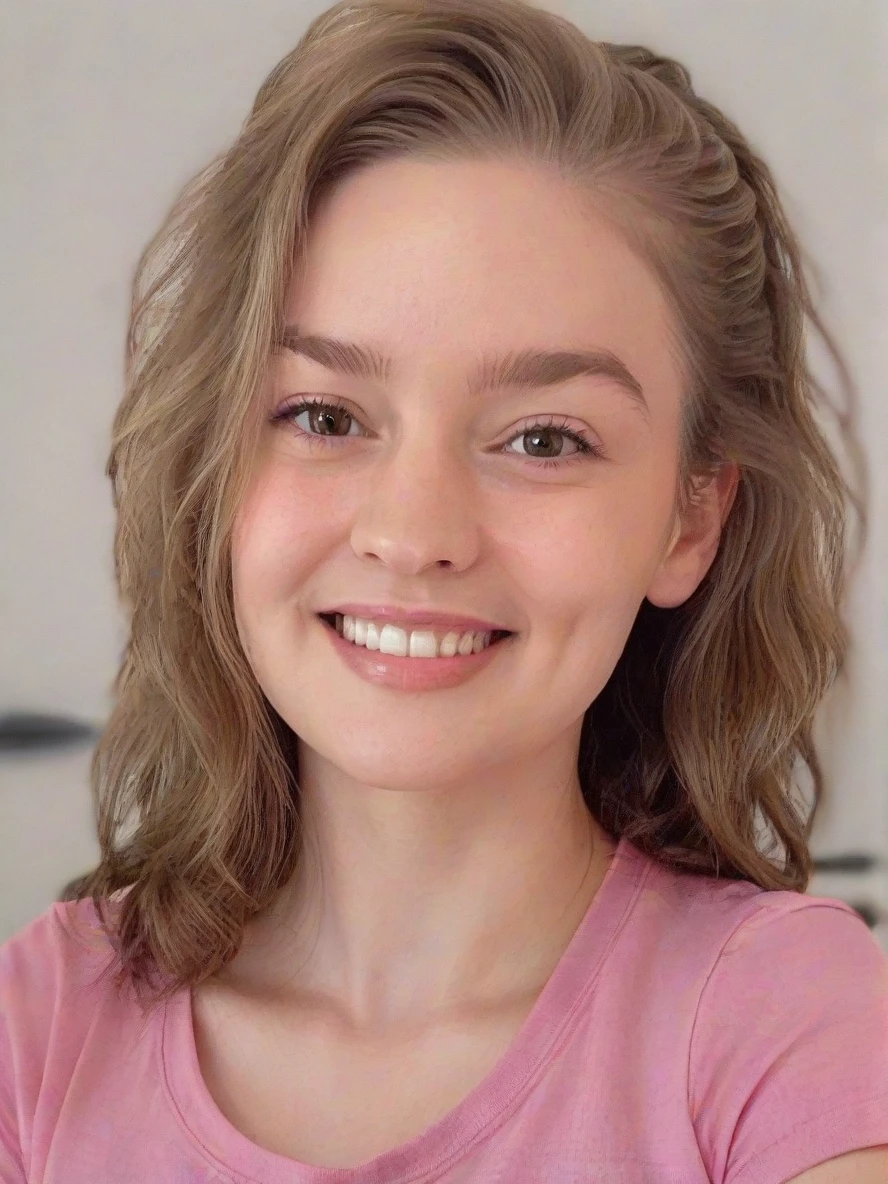 Portrait closeup photo of m4rym00dy woman, pink tshirt, in a bedroom, ponytail+, smiling