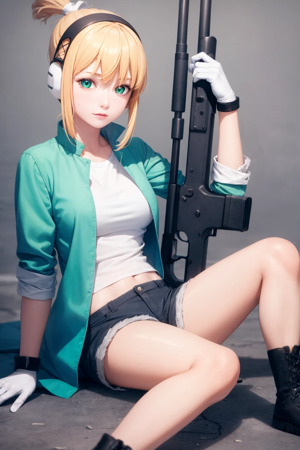 masterpiece, best quality, <lora:sunako:1>,1girl, solo, weapon, blonde hair, gun, ear protection, green eyes, rifle, shorts, ponytail, gloves, boots, sniper rifle, sleeves rolled up, assault rifle, headphones, sitting, ruins,grey background,