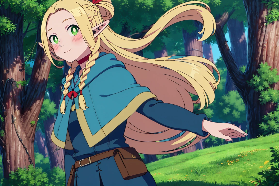 ((masterpiece,best quality)), absurdres,
<lora:Marcille_Donato_DungeonMeshi_Screenshots:0.8>, Marcille_Donato_DungeonMeshi,
1girl, solo, blonde hair, long hair, twin braids, elf, pointy ears, green eyes,
red choker, blue capelet,
(floating hair:1.2),
forest, trees, flowers, foliage,
solo, smile, blush, looking at viewer, side view,