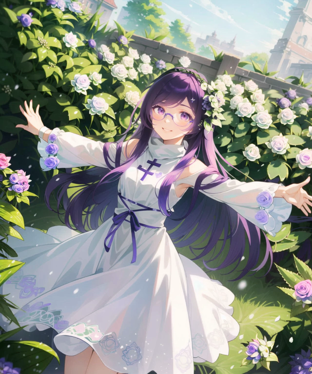 glasses 1girl, purple long hair, open arms, cristmas rose, flower garden, white dress, petals,