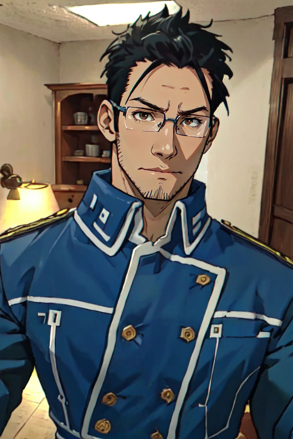 1boy,  solo,  Maes Hughes,  Fullmetal Alchemist,  anime,  2D,  tall,  lean,  black hair,  jovially spiky hair,  brown eyes,  rectangular spectacles framed,  29 years old,  mature,  blue military uniform,  manly,  masculine,  handsome,  charming,  alluring,  office,  (standing),  (upper body in frame),  perfect light,  perfect anatomy,  perfect proportions,  perfect perspective,  8k,  HQ,  (best quality:1.2,  masterpiece:1.2,  madly detailed),  perfect face,  front view,  portrait,<lora:EMS-267819-EMS:0.800000>