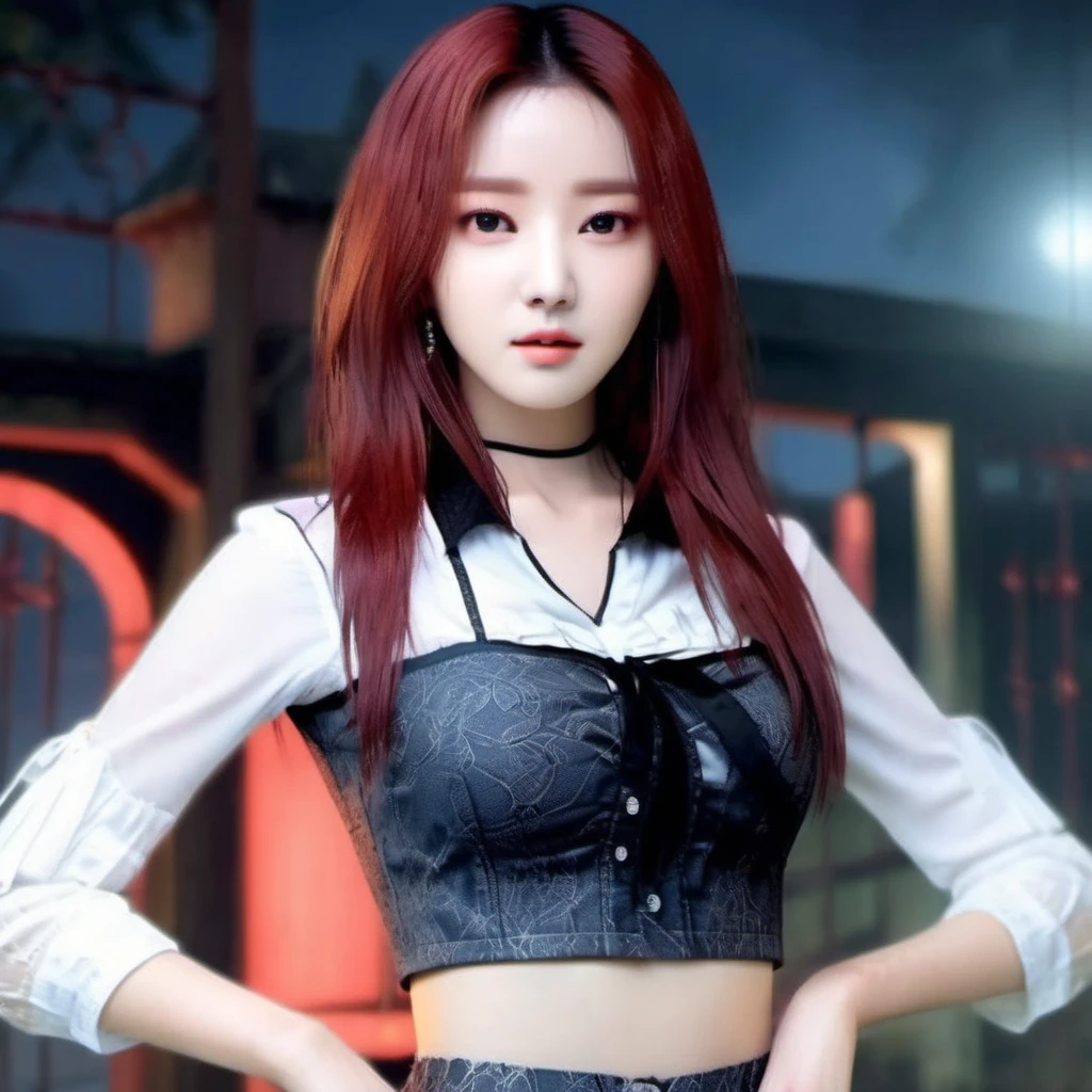 8k super high quality photo of a horror game as k-pop 23-year-old idol <lora:lora-yeonwoo:0.7> ohwx woman with long dark dyed red hair and brown eyes dressed in k-pop outfit exploring a haunted fantasy world at night, extremely detailed eyes and facial features, hauntingly gorgeous lighting, horrifying scary composition <lora:fatal style:0.9> fatal style