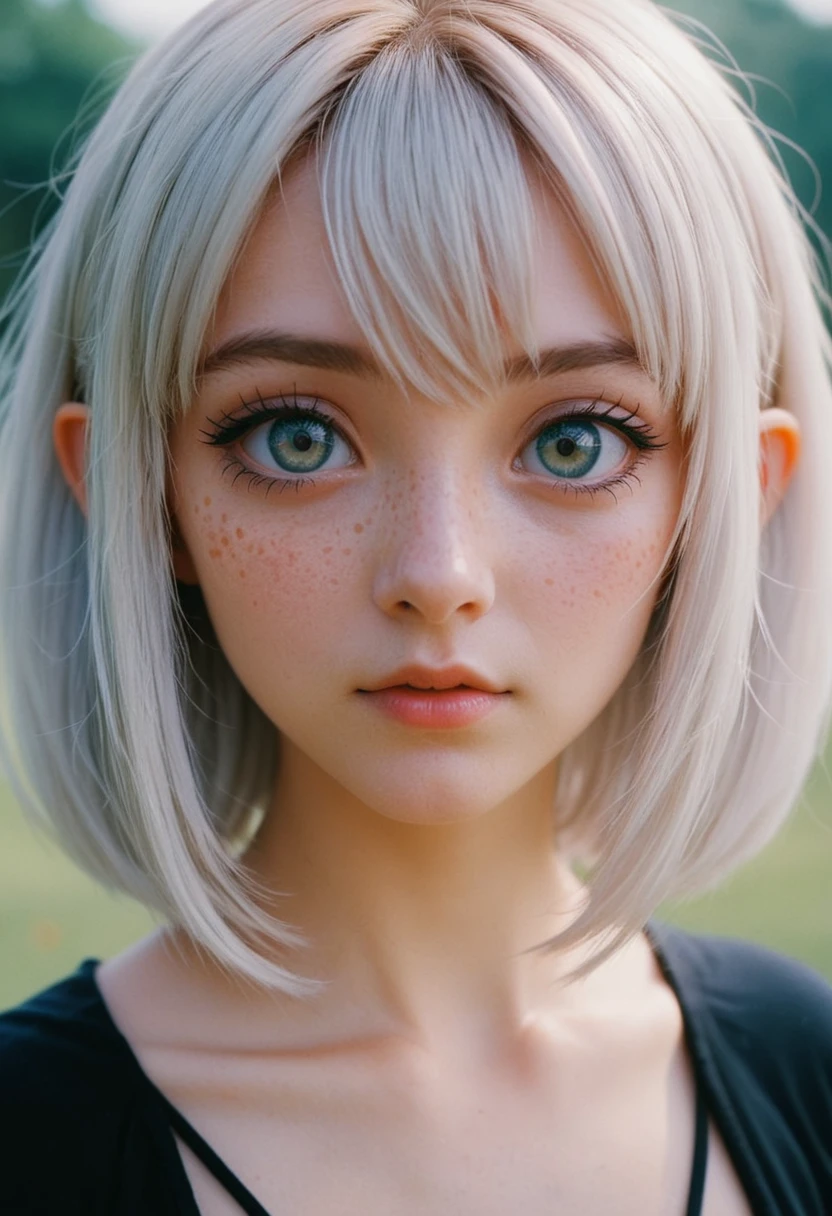 animesque、anime styled、Speciality、Moisturized eyes、Beautiful detailed eyes, (Short hair:1.2),  (8K, Best Quality, masutepiece:1.2), (Realistic, Photorealsitic:1.37), Ultra-detailed, a closeup、portraitures、1 girl, Cute, Green head hair、Solo, (nose blush),(Smile:1.15),