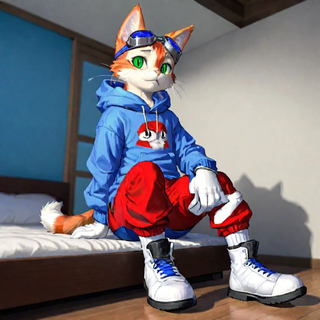 Blinx, solo, white gloves, 1boy, detailed background, bedroom, green eyes, sitting, tail, full body, shoes, pants, white gloves, hood, cat tail, hoodie, :3, cat, white footwear, slit pupils, goggles, furry, goggles on head, red pants, blue hoodie