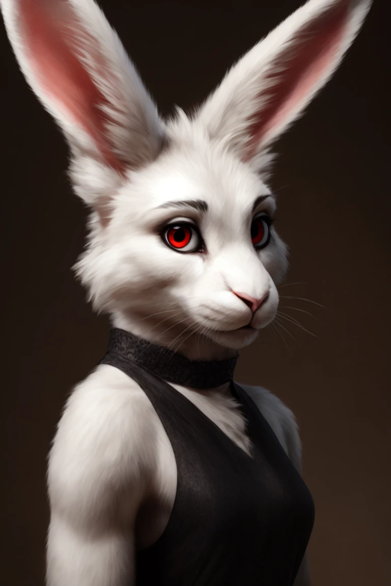 detailed face eyes and fur, RAW Photo, realistic, 1girl, solo, rabbit girl, clothed, body fur, white rabbit, white fur, detailed fluffy fur, looking at viewer, red eyes, black dress, upper body