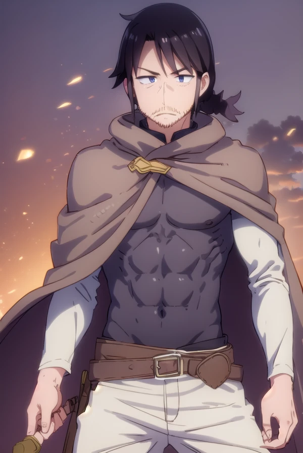 reviewerstunk, <lora:reviewer stunk male s1-lora-nochekaiser:1>,
stunk, black hair, male focus, facial hair, beard, stubble, (black eyes:1.5),
BREAK belt, pants, sword, cape, cloak, white pants,
BREAK outdoors,
BREAK looking at viewer, (cowboy shot:1.5),
BREAK <lyco:GoodHands-beta2:1>, (masterpiece:1.2), best quality, high resolution, unity 8k wallpaper, (illustration:0.8), (beautiful detailed eyes:1.6), extremely detailed face, perfect lighting, extremely detailed CG, (perfect hands, perfect anatomy),