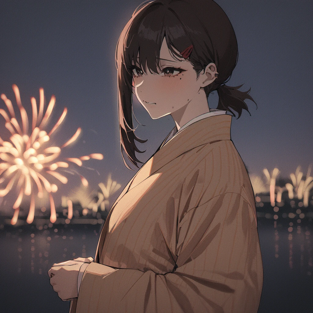 1girl, higashiyama kobeni, wearing kimono with firework in background, suit, masterpiece, latest, vibrant color <lora:kobeni_xl_a3:1>