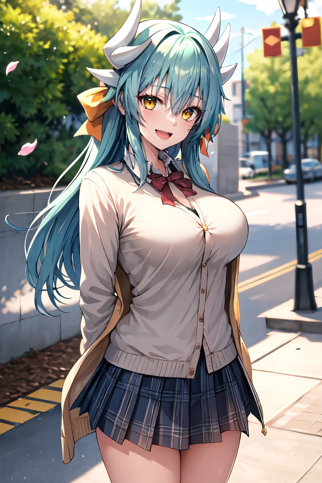 masterpiece, best quality, highres, aakiyo, long hair, aqua hair, white horns, hair bow, yellow bow, yellow eyes, <lora:kiyohime_(lancer)_v1:0.7>, cardigan, plaid skirt, arms behind back, smile, open mouth, petals, outdoors, big breasts<lora:Tomose-Shunsaku-style_636960:1>
