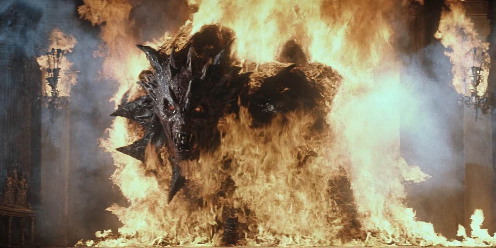 Horror-themed, <lora:Fright Night 1985 Film Style:1>
Cinematic Medium Shot Film Footage captured by Panavision Cameras and Lenses a huge fireball is hitting a vampire creature person, laying on a wall with a huge fire spewing on, Fright Night 1985 Film Style, Eerie, unsettling, dark, spooky, suspenseful, grim, highly detailed