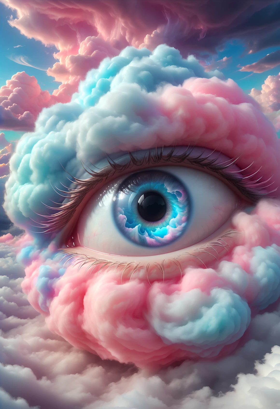 <lora:SDXLCottonCandy:1> cottoncandy human eye that swirls colors inside of a storm cloud, eye inside of clouds, 8k resolution, 4k image. HDR highly detailed. vivid. UHD, amazing depth, glowing rich colors, powerful imagery