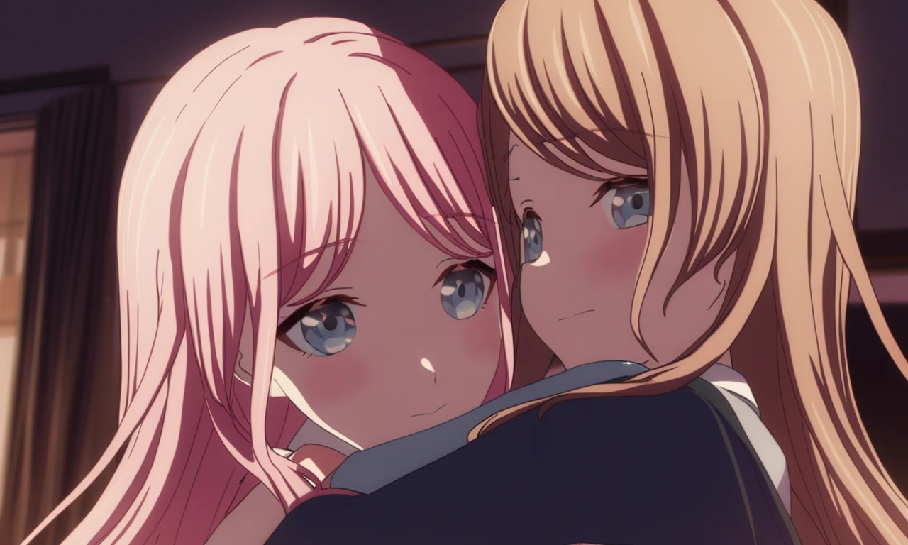 masterpiece, best quality, <lora:ALL_V1:1>ï¼two girls are hugï¼ Nagasaki Soyoï¼Anon Chihaya,both looking at viewer