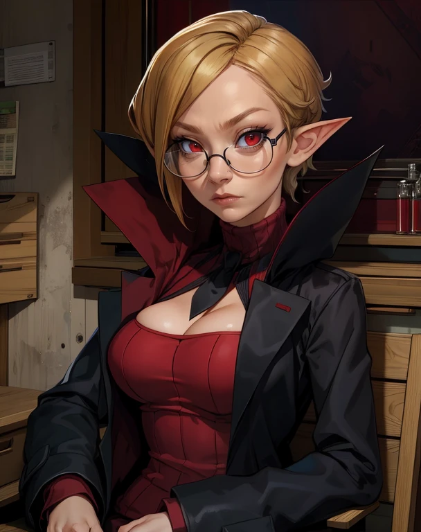 Professor,pointy ears,red eyes,short blonde hair,ponytail,cold expression,
red ribbed turtleneck,glasses,black coat,long sleeves,small black tie,
sitting,upper body,cleavage,
laboratory,
(insanely detailed, masterpiece, best quality,beautiful detailed eyes),solo,<lora:Professor:0.8>,