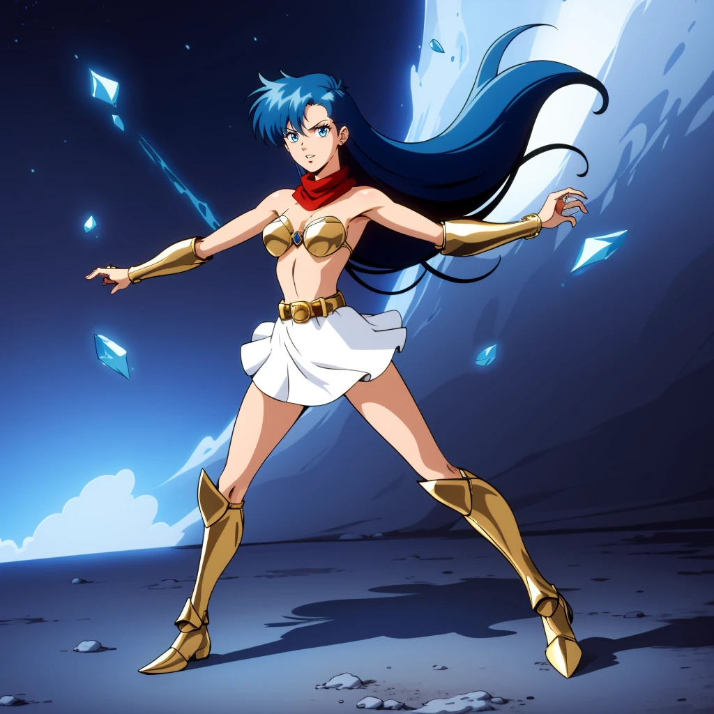 <lora:YuukoAsou004:0.6>,parted lips,
YuukoAsou,1girl,solo,
blue hair,long hair,blue eyes,
red scarf,
gold bikini armor,strapless,pauldrons,
bracer,
belt,gem,white skirt,
full body,