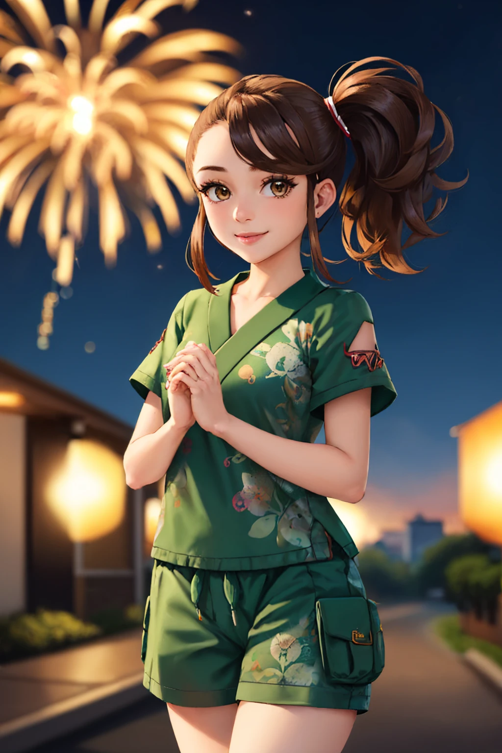 (masterpiece, best quality:1.2), solo, 1girl, pokemonjuliana, smile, looking at viewer, own hands together, side ponytail, green shirt, short sleeves, green shorts, fireworks <lora:pokemon_juliana-10:1>
