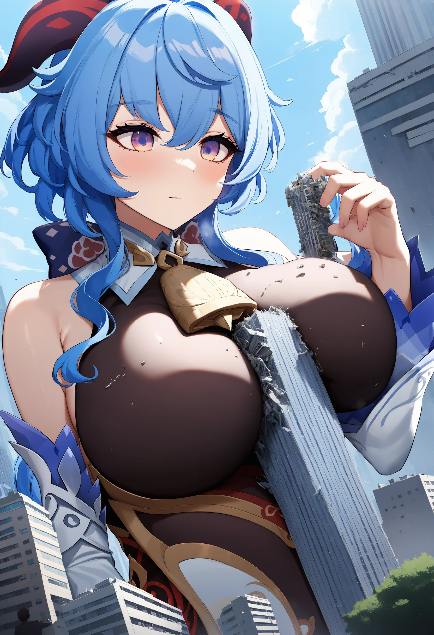 1girl, ganyu \(genshin impact\),(tall skyscraper between breasts:1.2), sky, destruction, outdoors, day,, upper body, ( building size:1.2), giantess, masterpiece, best quality, absurdres, ultra detailed