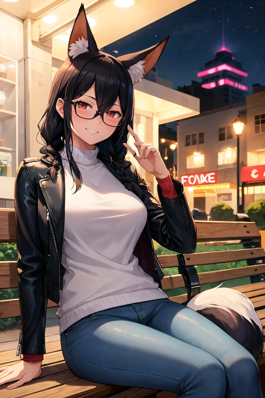 1girl, solo, sidelocks, twinbraids, (black hair), red eyes, smug, smirk, glasses, sitting, bench, partk, at night, long hair, white sweater, (leather jacket), (black jacket:1.2), fox girl, fox ears, fox tail, jeans, black tail, <lora:Kanno-Style-Final:1>