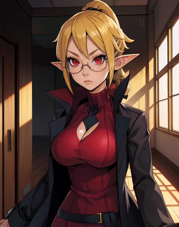 Professor,pointy ears,red eyes,short blonde hair,ponytail,cold expression,
glasses,black coat,long sleeves,small black tie, topless,  open mouth,  tongue, 
sitting,upper body,large breasts,
laboratory,
(insanely detailed, masterpiece, best quality,beautiful detailed eyes),solo,<lora:Professor:0.8>,