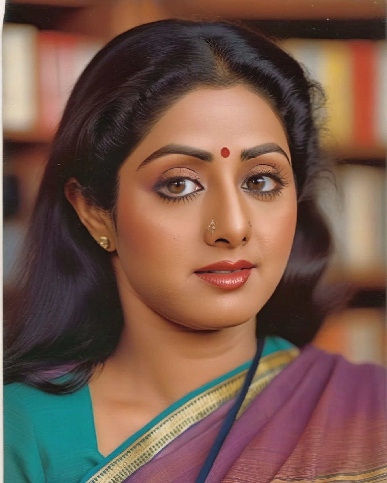 ultrarealistic full body soft focus photo of a 30-year-old sridevi woman, high neck ethnic clothes, Nose wrinkling in distaste, HDRI camera angle, 80s hairstyle, looking at camera, day time at bookstore, beautiful bokeh <lora:Sridevi_SDXL_LoRA:1>