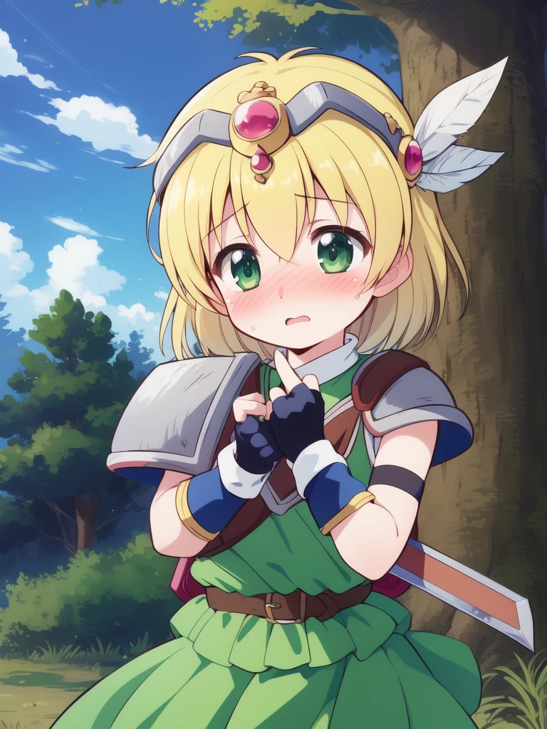 <lora:Fanna:0.8>, Fanna, 1girl, solo, weapon, sword armor, bow (weapon), quiver, gloves, blush, skirt, shield, fingerless gloves, circlet, child, green_dress,
forest, sky,
masterpiece, high quality, very_high_resolution, large_filesize, full color,
