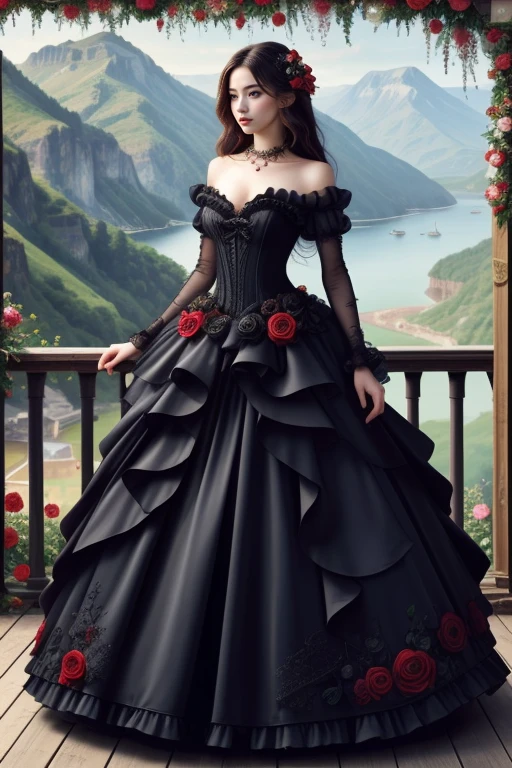 1 woman, 22yo, (realistic, masterpiece, high detailed skin:1.2) (looking at viewer, full body shot, scenic view, long hair:1.2)
<lora:Rose_Black_Gown_By_Stable_Yogi:0.8> black gown, frills, red roses