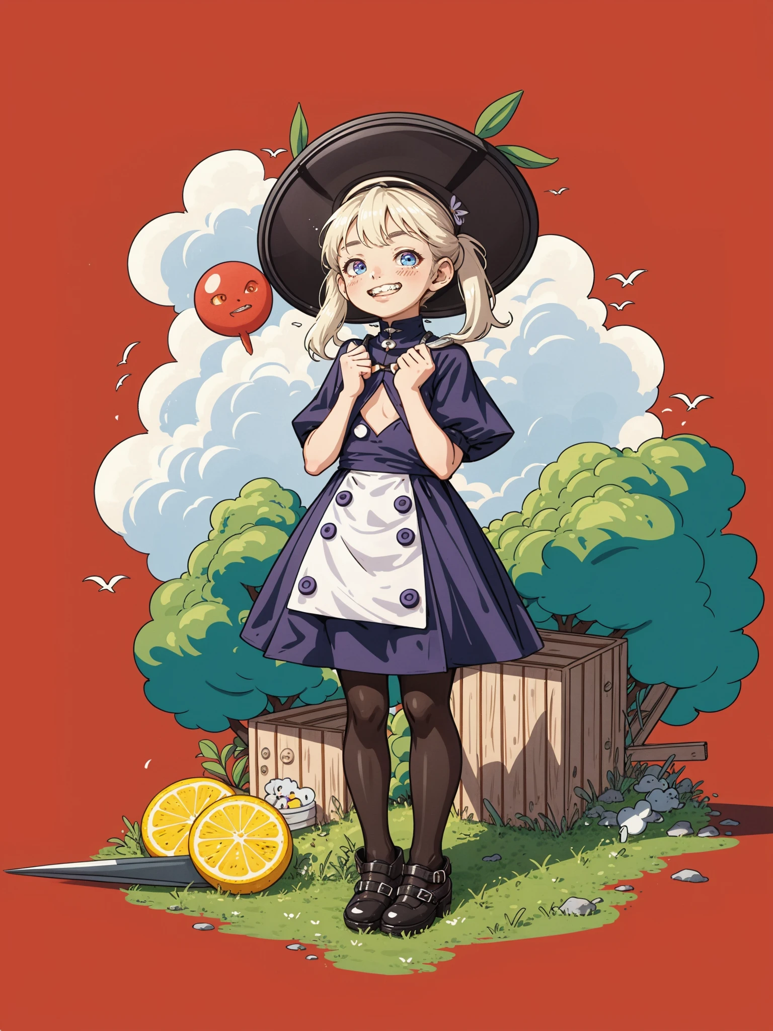 hezi, fresh illustration, flat paint style, sky, cloud, plant, Fighting soul character design, bright colors, European and American game style, 1girl, solo, spikes, gradient, blonde hair, pantyhose, long hair, gradient background, standing, full body, clenched hands, teeth, simple background, bangs, shiny hair, dress, shiny, grey background, black pantyhose, black footwear, black dress, looking at viewer, heterochromia, smile, red eyes, legs apart, black headwear, white background, hands up, boots, blunt bangs, pink eyes, puffy sleeves, shoes, multicolored footwear, purple eyes, hat, grin, blue eyes, sidelocks, parted lips, pigeon-toed, closed mouth, weapon, clenched teeth, scissors, long sleeves, short sleeves, clenched hand, black bodysuit, twintails, skirt, flat chest, v-shaped eyebrows, glowing, capelet, half-closed eyes, happy, straight-on, puffy short sleeves, blush,<lora:æ¸
æ°æç»-000014:0.6>