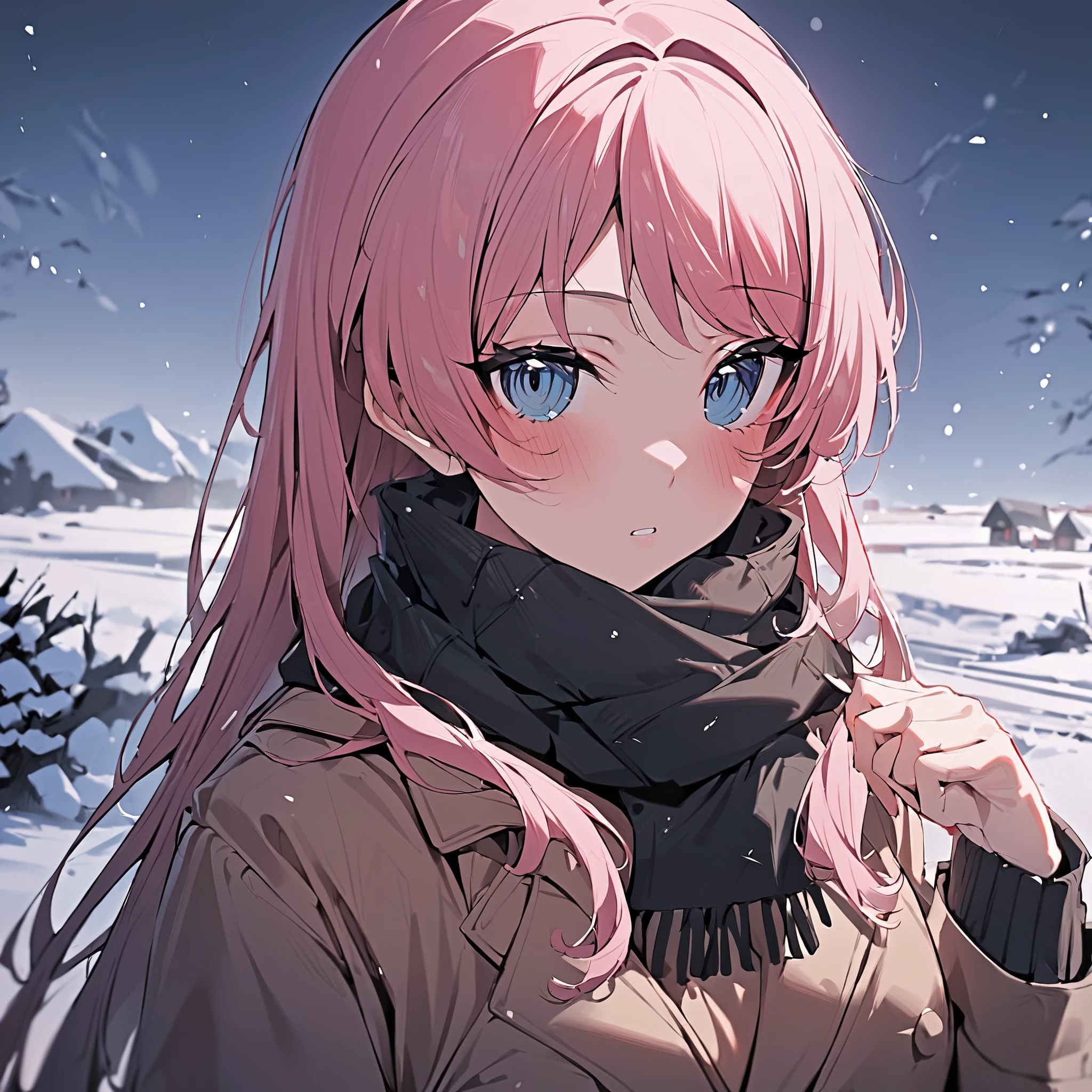 1girl, chihaya anon, wearing a thick coat, scarf, in snow, looking at viewer with a warm look, masterpiece, latest, vibrant color <lora:mygo_aio_xl_a3_3-000021:1>