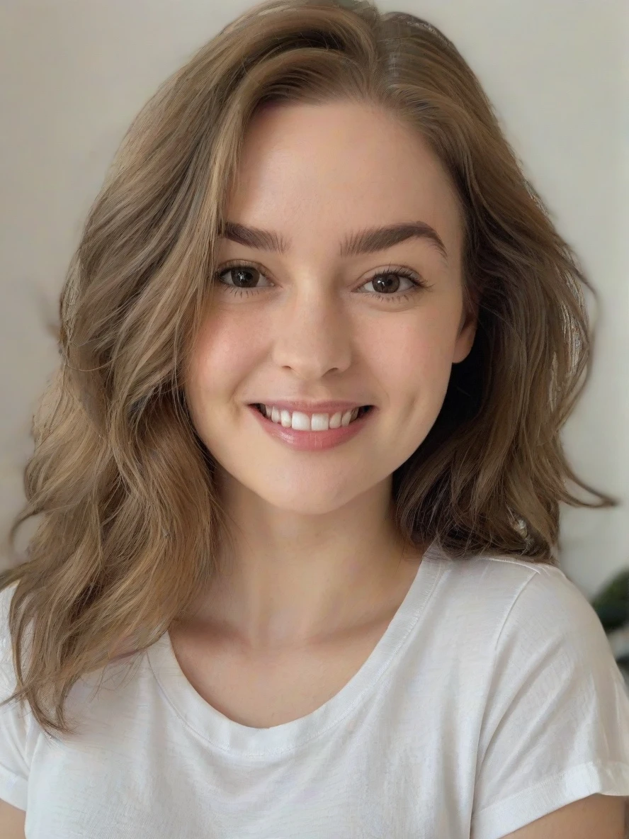 Portrait closeup of m4rym00dy woman, white tshirt, in a bedroom,, smiling