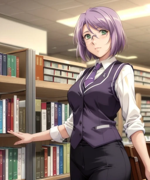 (adult woman), (1girl, solo), (looking at viewer), (vest, tie), (glasses), (purple hair, short hair), (green eyes), ((inside, library)), (window), (best quality, high detail), ((masterpiece)), <lora:1_yamanemasahiro_14e:1>