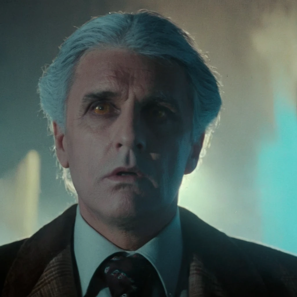 Horror-themed, <lora:Fright Night 1985 Film Style:1>
Cinematic Closeup Shot Film Footage captured by Panavision Cameras and Lenses, Peter Vincent a grey hair man with a tie and a jacket staring at camera with a surprise look on his face and cool blue light on with dramatic shadow light on Fright Night 1985 Film Style, Eerie, unsettling, dark, spooky, suspenseful, grim, highly detailed