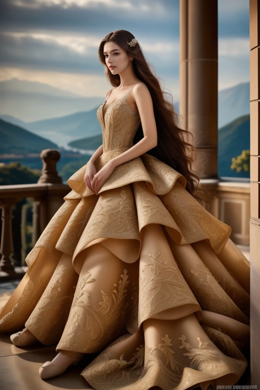 1 woman, 22yo, (realistic, masterpiece, high detailed skin:1.2) (looking at viewer, full body shot, scenic view, long hair:1.2)
<lora:Golden_Wedding_Gown_By_Stable_yogi:1> golden wedding gown