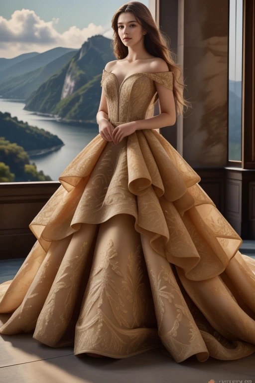 1 woman, 22yo, (realistic, masterpiece, high detailed skin:1.2) (looking at viewer, full body shot, scenic view, long hair:1.2)
<lora:Golden_Wedding_Gown_By_Stable_yogi:1> golden wedding gown