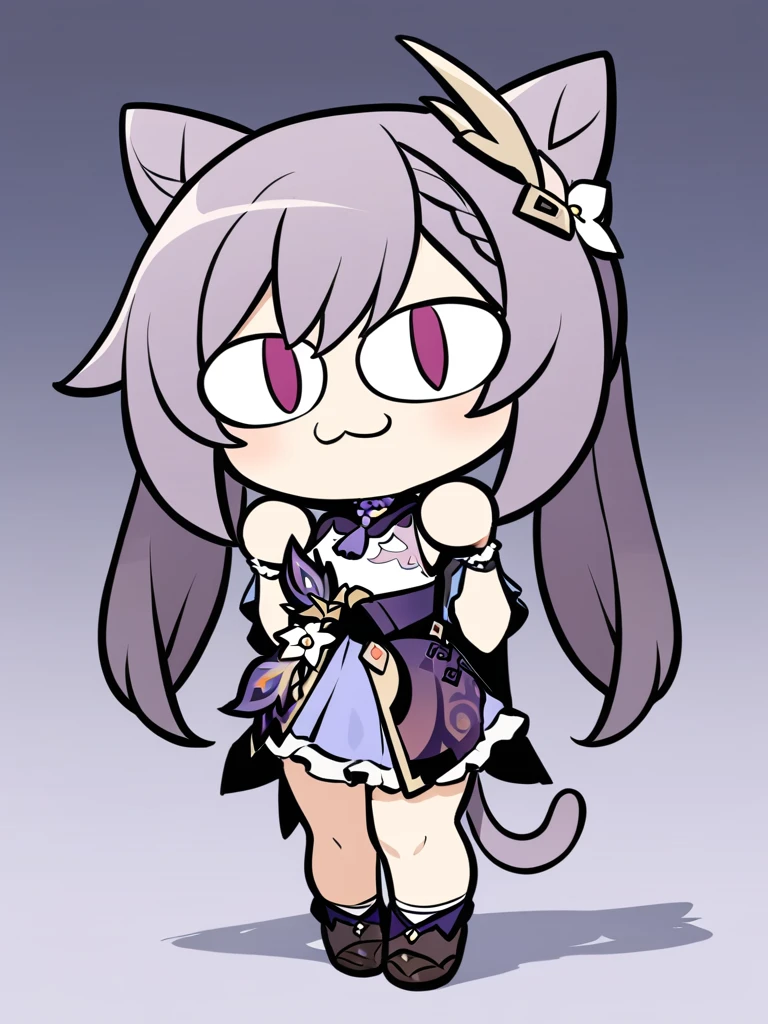 <lora:xl_neco-arc2-000007:1>,neco-arc,slit eyes,1girl,solo,cat ears,cat tail,chibi,:3,full body,keqing \(genshin impact\),, masterpiece, best quality,