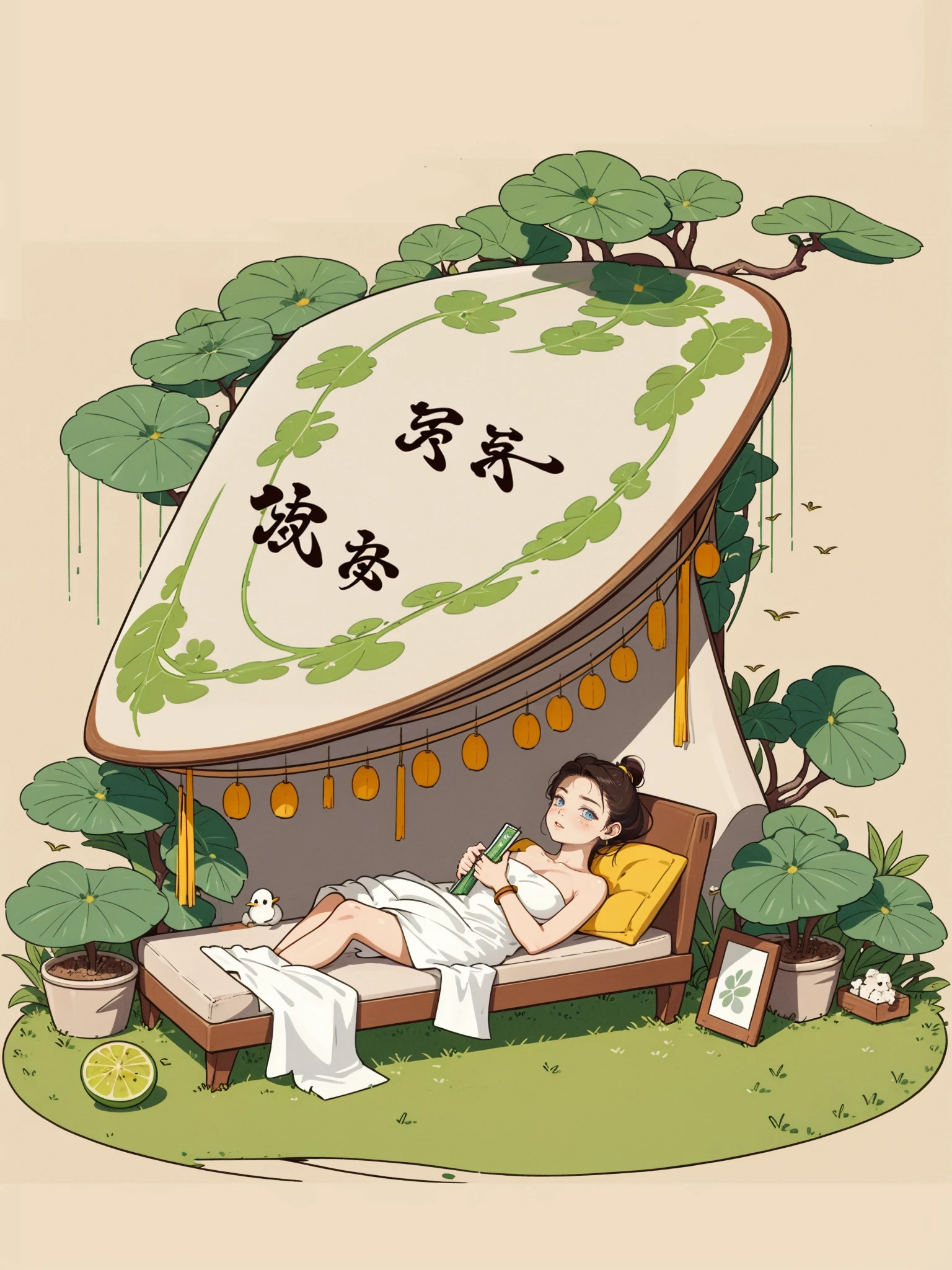 hezi, fresh illustration, flat paint style, sky, cloud, plant, 1girl, solo, dress, blue eyes, long hair, white dress, looking at viewer, jewelry, breasts, bare shoulders, couch, earrings, white hair, parted lips, sleeveless, sleeveless dress, bare arms, bangs, ribbon, collarbone, feet out of frame, blush, thighs, bare legs, bracelet, hair ribbon, on couch, hair ornament, indoors, medium breasts, on back, lying, frilled dress, hand up, very long hair, black ribbon, pillow, flower, legs, A ink painting of a tranquil orchard with Chinese writing on it and a pair of birds building their nest, with a fruit-laden branch in the foreground, An Zhengwen, organic painting, a minimalist painting, art & language, ink and wash,,<lora:æ¸
æ°æç»-000014:0.6>